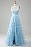 Sky Blue A Line Spaghetti Straps Beaded Long Prom Dress with 3D Butterflies