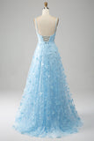 Sky Blue A Line Spaghetti Straps Beaded Long Prom Dress with 3D Butterflies