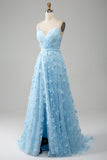 Sky Blue A Line Spaghetti Straps Beaded Long Prom Dress with 3D Butterflies
