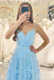 Sparkly Sky Blue A Line Spaghetti Straps Beaded Prom Dress with 3D Butterflies