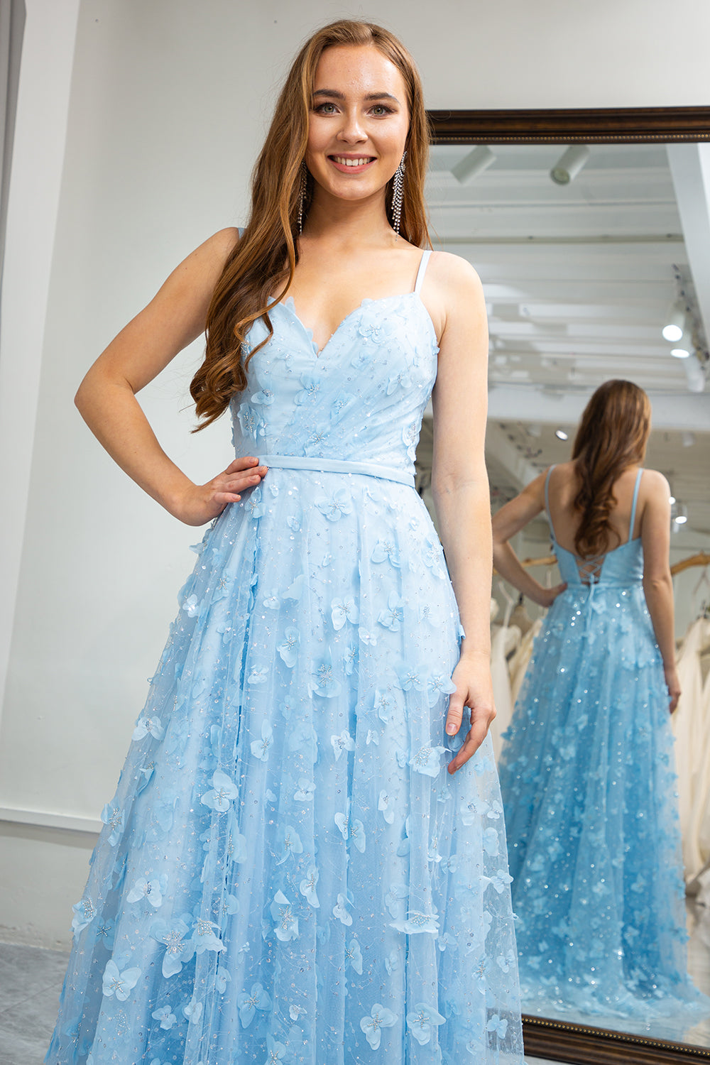Sky Blue A Line Spaghetti Straps Beaded Prom Dress with 3D Butterflies