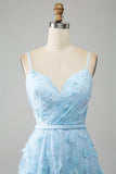 Sky Blue A Line Spaghetti Straps Beaded Long Prom Dress with 3D Butterflies