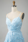 Sky Blue A Line Spaghetti Straps Beaded Long Prom Dress with 3D Butterflies