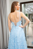 Sky Blue A Line Spaghetti Straps Beaded Prom Dress with 3D Butterflies