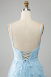 Sky Blue A Line Spaghetti Straps Beaded Long Prom Dress with 3D Butterflies