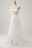 Ivory A-Line Spaghetti Straps Tulle Corset Tiered Long Wedding Dress With Appliques