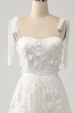 Ivory A-Line Spaghetti Straps Tulle Corset Tiered Long Wedding Dress With Appliques