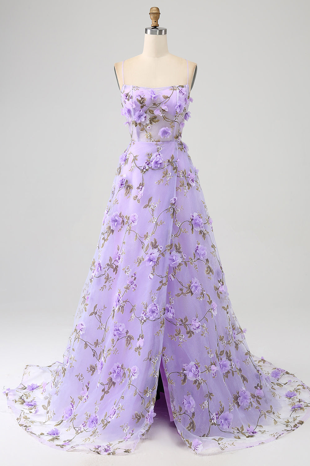 Wedtrend Women Lilac Prom Dress A Line Spaghetti Straps 3D Appliques Lace-up Long Evening Dress With Slit WEDTREND Wedtrend Women Lilac Prom Dress A Line Spaghetti Straps 3D Appliques Lace-up Long Evening Dress With Slit WEDTREND