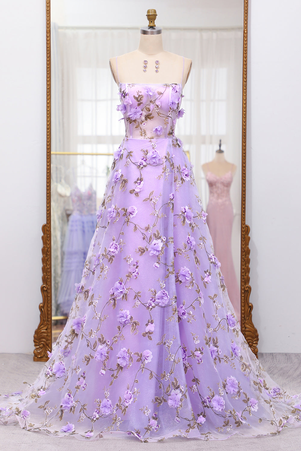 Wedtrend Women Lilac Prom Dress A Line Spaghetti Straps 3D Appliques Lace-up Long Formal Dress With Slit WEDTREND Wedtrend Women Lilac Prom Dress A Line Spaghetti Straps 3D Appliques Lace-up Long Formal Dress With Slit WEDTREND