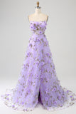 Lilac A Line Spaghetti Straps 3D Appliques Lace-up Long Prom Dress With Slit