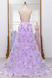 Lilac A Line Spaghetti Straps Lace-up Prom Dress With 3D Appliques