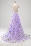 Gorgeous Lilac A Line Spaghetti Straps Long Prom Dress with 3D Flowers