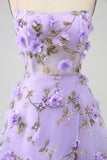 Lilac A Line Spaghetti Straps 3D Appliques Lace-up Long Prom Dress With Slit