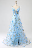 Sky Blue A-Line V-Neck 3D Flowers Open Back Print Long Prom Dress with Slit