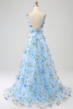 Sky Blue A-Line V-Neck 3D Flowers Open Back Print Long Prom Dress with Slit