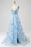 Sky Blue A-Line V-Neck 3D Flowers Open Back Print Long Prom Dress with Slit