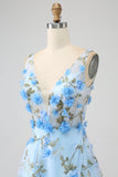 Sky Blue A-Line V-Neck 3D Flowers Open Back Print Long Prom Dress with Slit