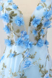 Sky Blue A-Line V-Neck 3D Flowers Open Back Print Long Prom Dress with Slit