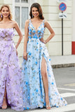 Sky Blue A-Line Print V-Neck Open Back 3D Flowers Long Prom Dress with Slit