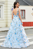 Sky Blue A-Line V-Neck 3D Flowers Open Back Print Long Prom Dress with Slit