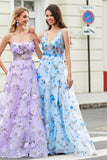 Sky Blue A-Line Print V-Neck Open Back 3D Flowers Long Prom Dress with Slit