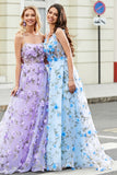 Sky Blue A-Line Print V-Neck Open Back 3D Flowers Long Prom Dress with Slit