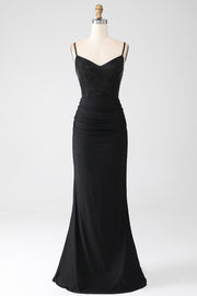 Mermaid Spaghetti Straps Pleated Long Black Prom Dress with Beading