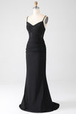 Mermaid Spaghetti Straps Pleated Long Black Prom Dress with Beading