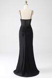 Mermaid Spaghetti Straps Pleated Long Black Prom Dress with Beading
