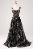 Black Flower A-Line Spaghetti Straps Sequins Long Corset Prom Dress With Slit