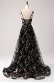 Black Flower A-Line Spaghetti Straps Sequins Long Corset Prom Dress With Slit