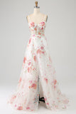 Black Flower A-Line Spaghetti Straps Sequins Long Corset Prom Dress With Slit