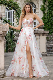 Elegant Sparkly Ivory Flower A Line Sweetheart Sequin Corset Party Dress With Slit