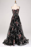 Black Flower A-Line Spaghetti Straps Sequins Long Corset Prom Dress With Slit