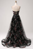 Black Flower A-Line Spaghetti Straps Sequins Long Corset Prom Dress With Slit