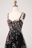 Black Flower A-Line Spaghetti Straps Sequins Long Corset Prom Dress With Slit