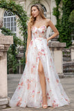 Elegant Sparkly Ivory Flower A Line Sweetheart Sequin Corset Party Dress With Slit