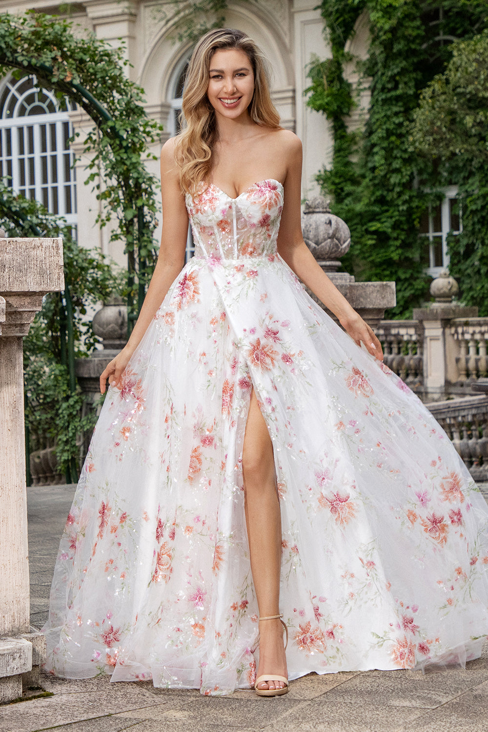 Wedtrend Women Elegant Ivory Flower Wedding Dress Sparkly Bridal Dress A Line Sequin Corset Prom Dress With Slit WEDTREND Wedtrend Women Elegant Ivory Flower Wedding Dress Sparkly Bridal Dress A Line Sequin Corset Prom Dress With Slit WEDTREND