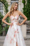 Elegant Sparkly Ivory Flower A Line Sweetheart Sequin Corset Party Dress With Slit