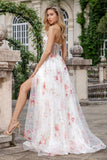 Elegant Sparkly Ivory Flower A Line Sweetheart Sequin Corset Party Dress With Slit