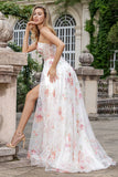 Elegant Sparkly Ivory Flower A Line Sweetheart Sequin Corset Party Dress With Slit
