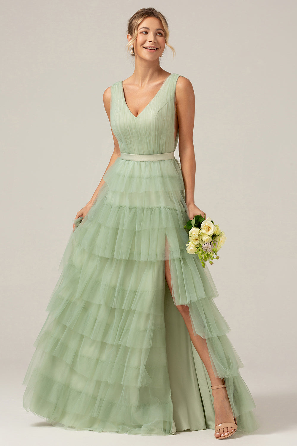 Wedtrend Women Wedding Guest Dress Grey Green Tulle A-Line V Neck Tiered Maxi Dress With Slit WEDTREND Wedtrend Women Wedding Guest Dress Grey Green Tulle A-Line V Neck Tiered Maxi Dress With Slit WEDTREND