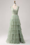 Grey Green A-Line V Neck Tiered Floor Length Tulle Maxi Dress With Slit