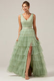 Grey Green Tulle A-Line V Neck Tiered Maxi Dress With Slit