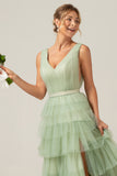 Grey Green Tulle A-Line V Neck Tiered Maxi Dress With Slit
