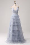 Dusty Blue A-Line Spaghetti Straps Tiered Floor Length Tulle Prom Dress