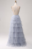 Dusty Blue A-Line Spaghetti Straps Tiered Floor Length Tulle Prom Dress
