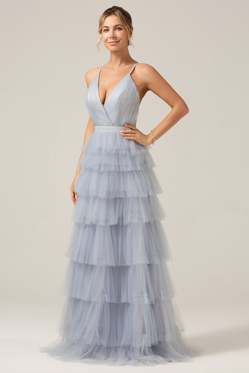 Wedtrend Women Dusty Blue Bridesmaid Dress A-Line Spaghetti Straps Tiered Floor Length Tulle Prom Dress, Dusty Blue / US2 Wedtrend Women Dusty Blue Bridesmaid Dress A-Line Spaghetti Straps Tiered Floor Length Tulle Prom Dress, Dusty Blue / US2