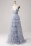 Dusty Blue A-Line Spaghetti Straps Tiered Floor Length Tulle Prom Dress