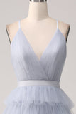 Dusty Blue A-Line Spaghetti Straps Tiered Floor Length Tulle Prom Dress